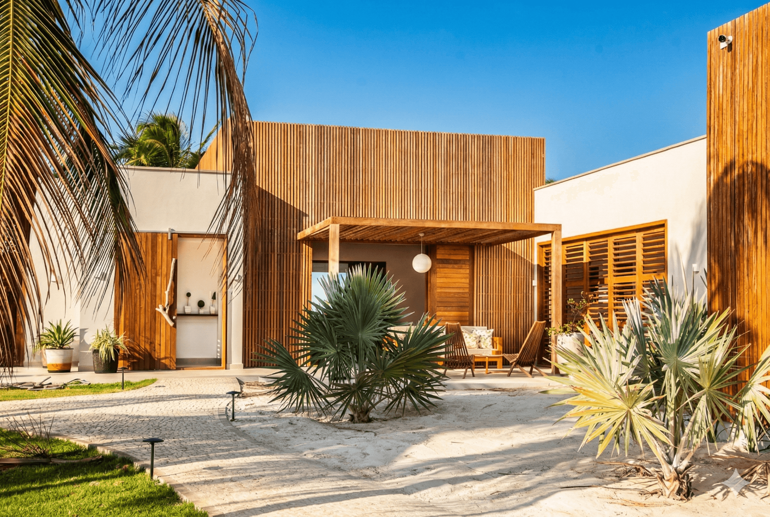 Façade de la villa et cour de sable